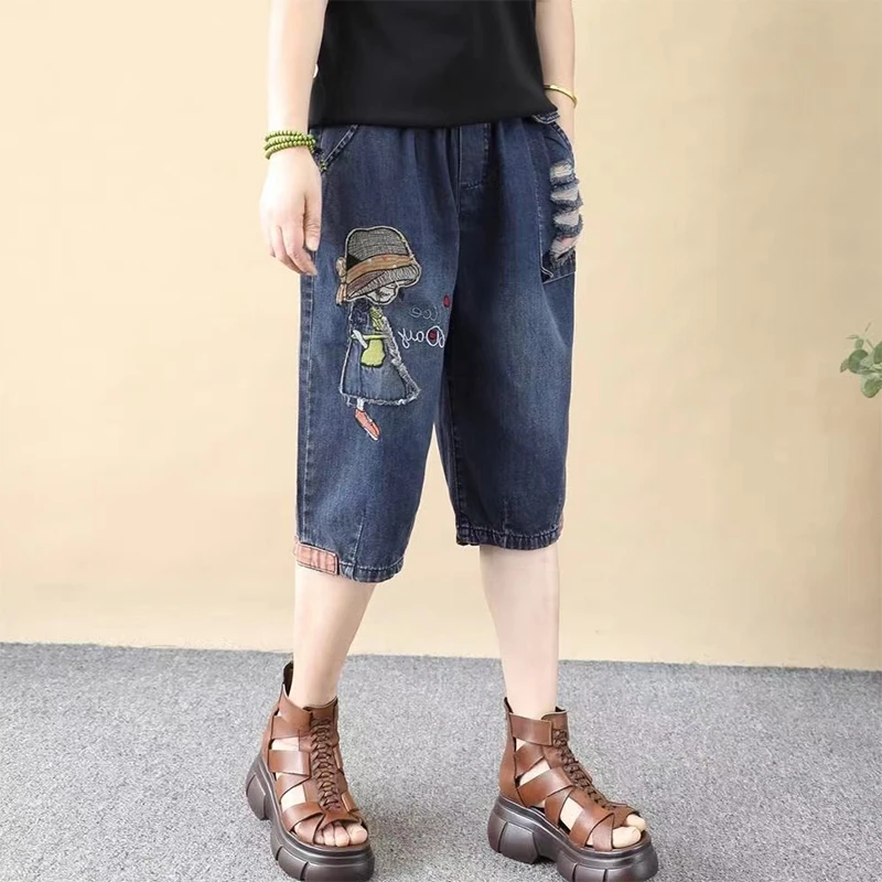 夏季薄款刺绣女孩破洞六分牛仔裤女小个子大码宽松显瘦七分哈伦裤