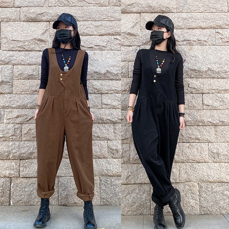 春秋新款加厚雪花绒牛仔背带裤女小个子大码宽松显瘦休闲哈伦裤子