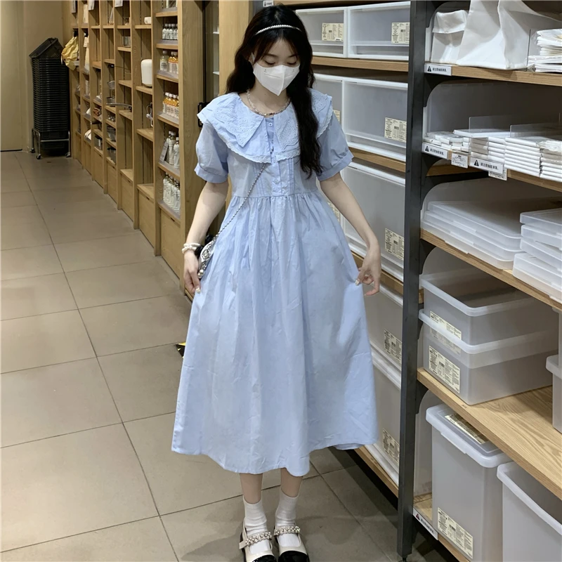 12-18岁女大童蓝色连衣裙夏季学院风15初中学生过膝娃娃领长裙子