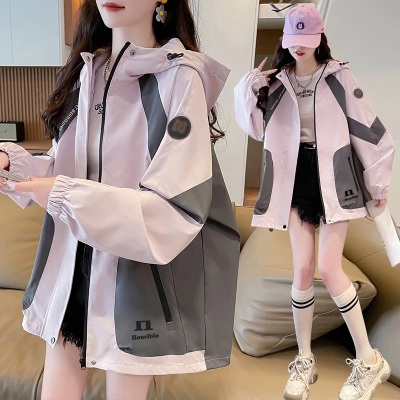 女大童风衣外套春秋15岁初高中学生加大码宽松胖女孩学院风冲锋衣