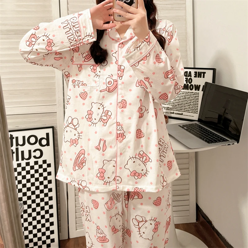 长袖睡衣女春夏新款纯棉卡通HelloKitty开衫可外出短袖家居服套装