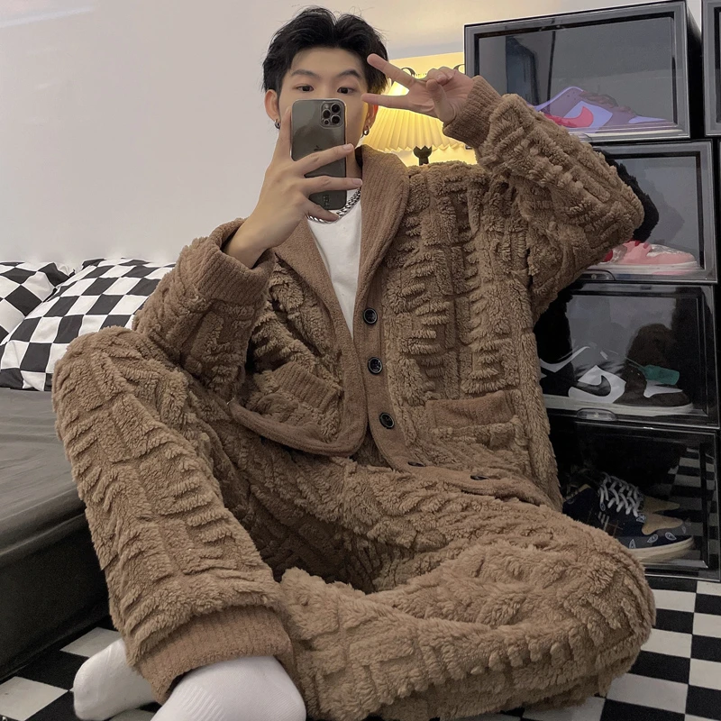 棕色睡衣男秋冬季珊瑚绒保暖开衫韩版ins风简约法兰绒家居服套装