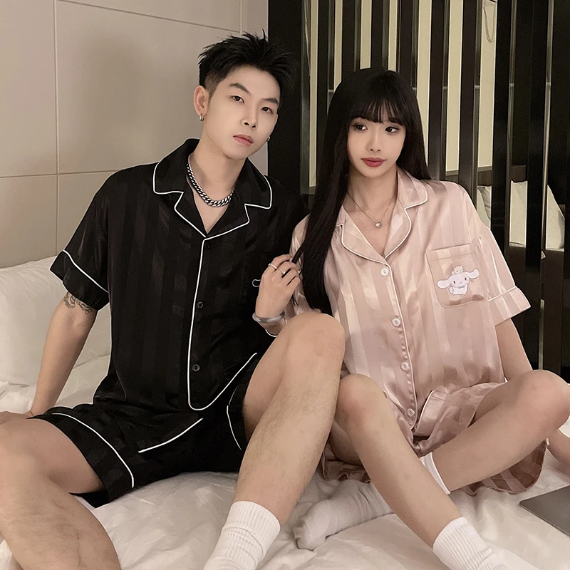 情侣冰丝睡衣女夏季短袖短裤薄款套装男女生甜美可爱家居服套装