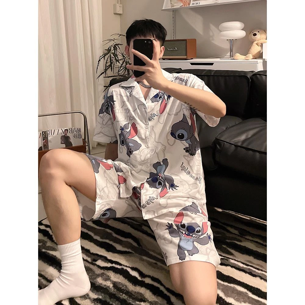 史迪仔睡衣男夏季短袖纯棉网红风全棉夏天可外出青少年家居服套装