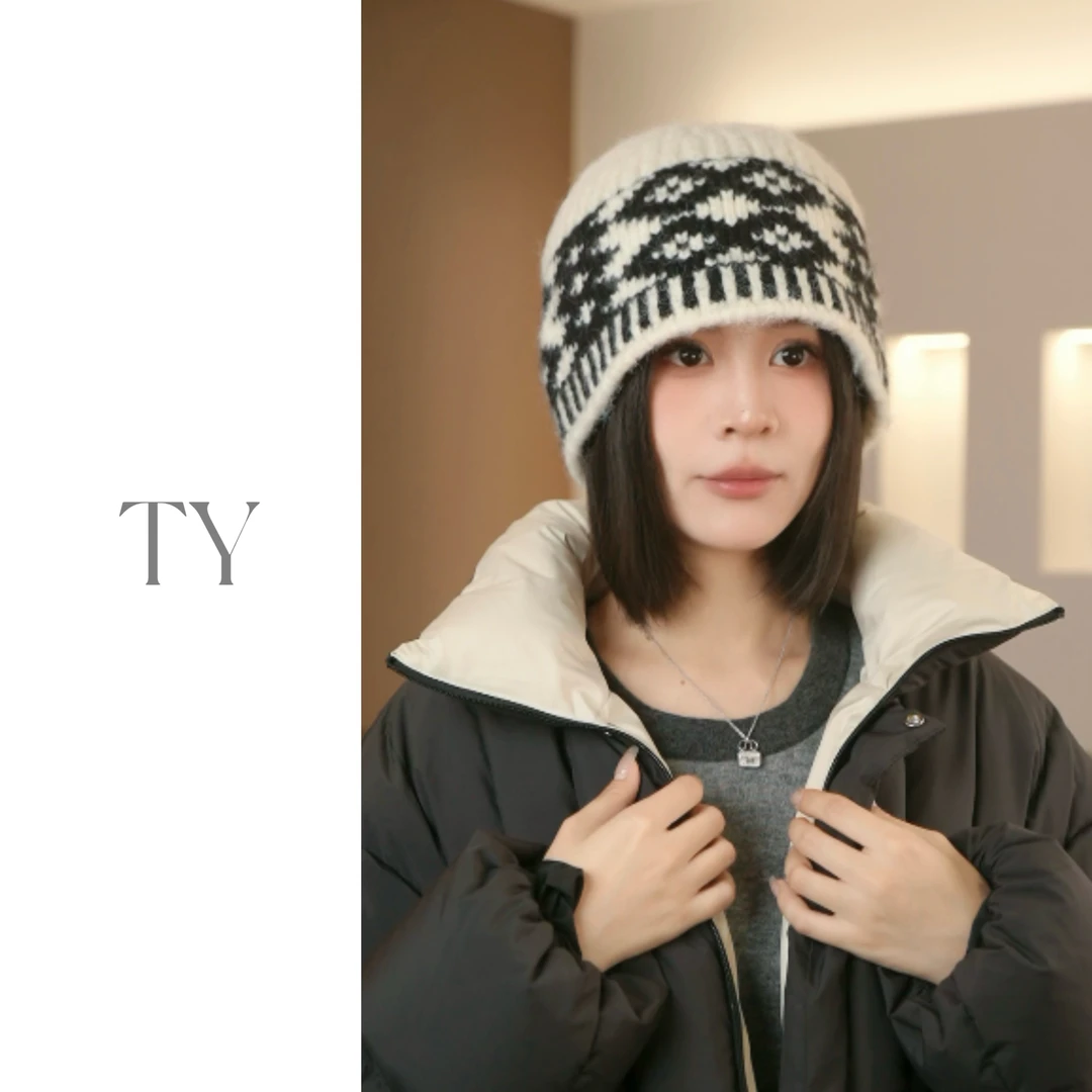 2024新款复古拼色菱格针织冷帽秋冬韩版显脸小大头围毛线帽保暖