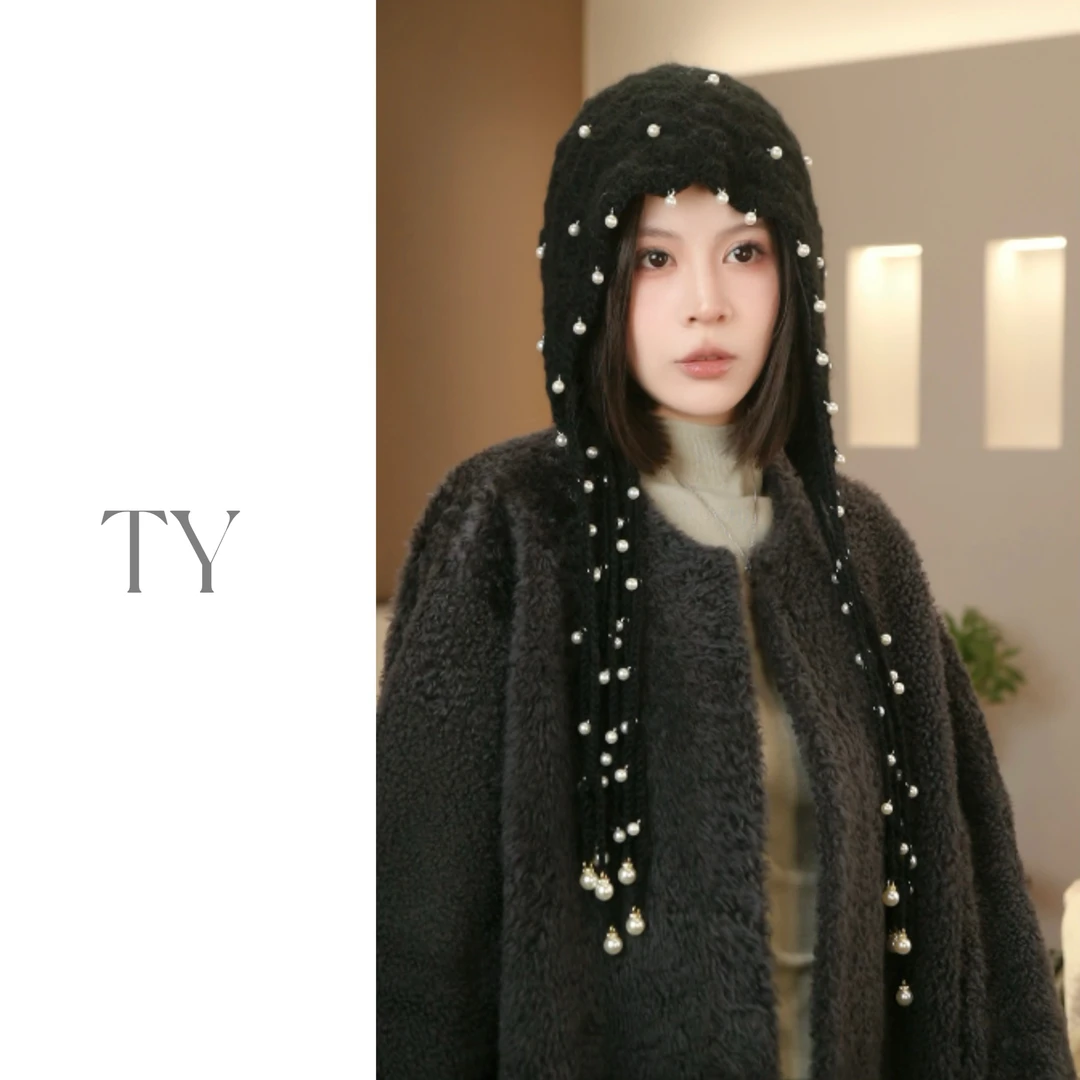 2025新款镂空珍珠流苏吊坠包头帽子女秋冬百搭民族风针织帽显脸小