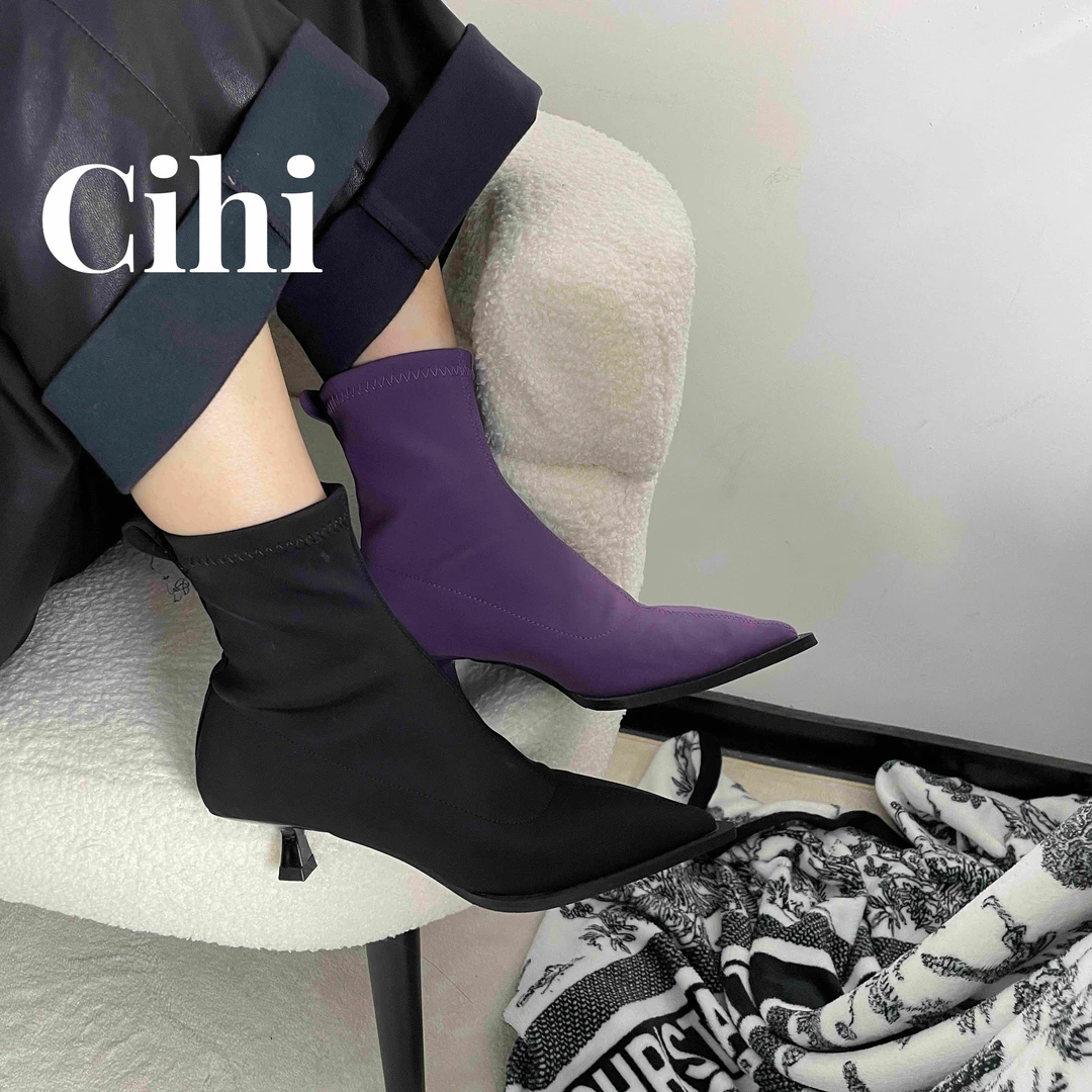 Cihi設計/-148-弹走鱼尾纹-针织弹力靴瘦瘦尖头鞋子女针织弹力靴