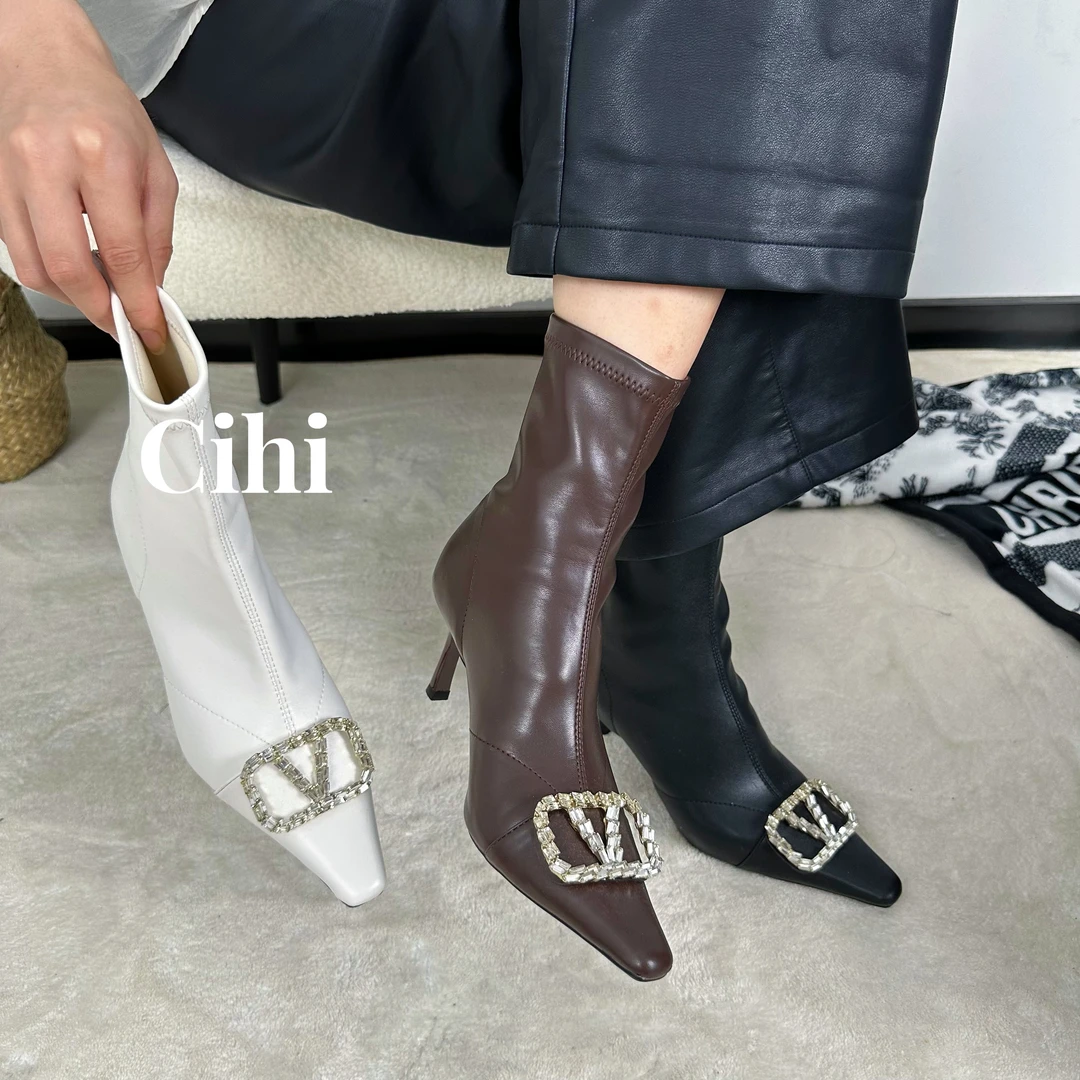 Cihi設計/1-163-千金归来-水钻金属尖头软面女细跟瘦瘦靴短靴