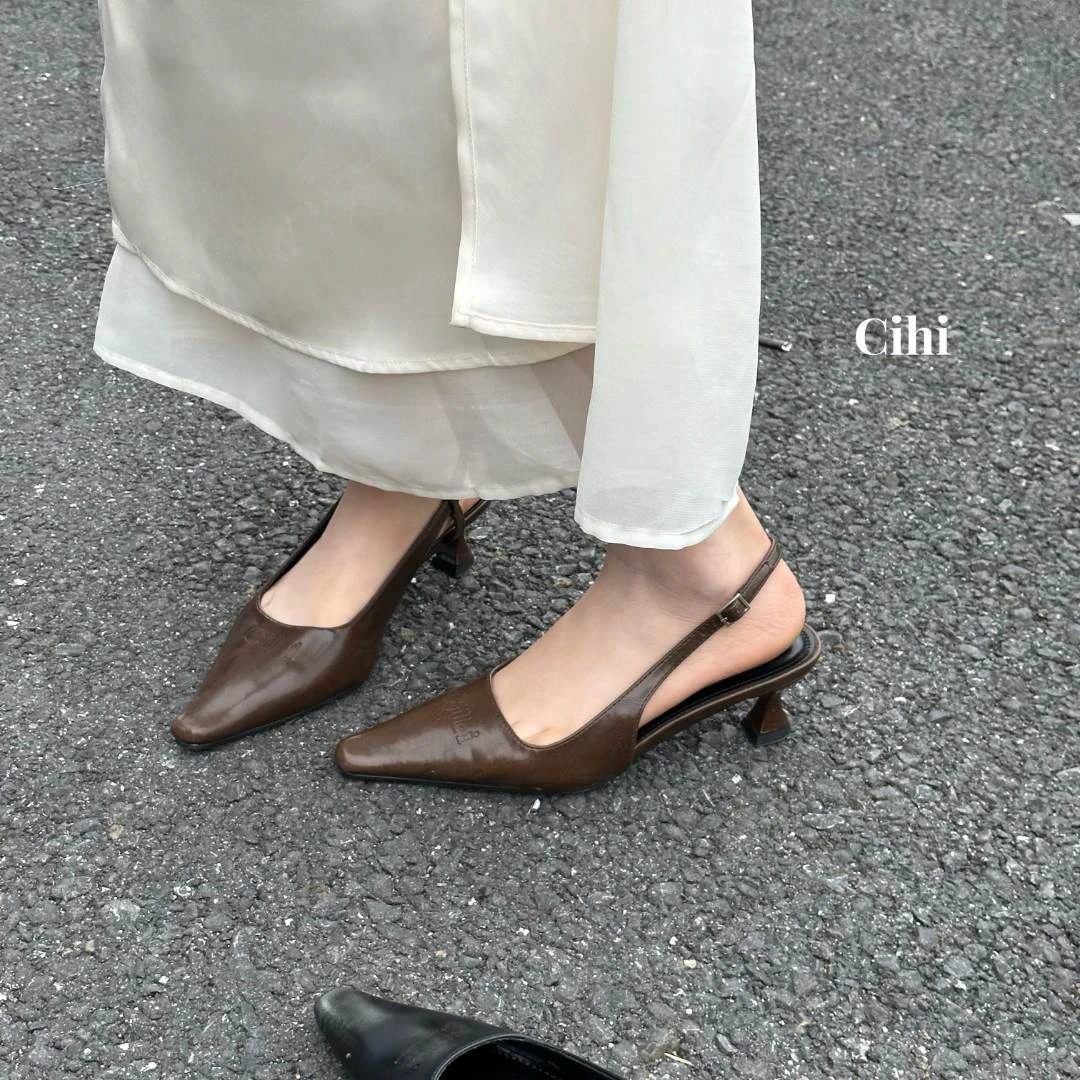 Cihi設計/375-鹤吟时-小猫跟气质法式配裙子复古做旧小方头单鞋！！