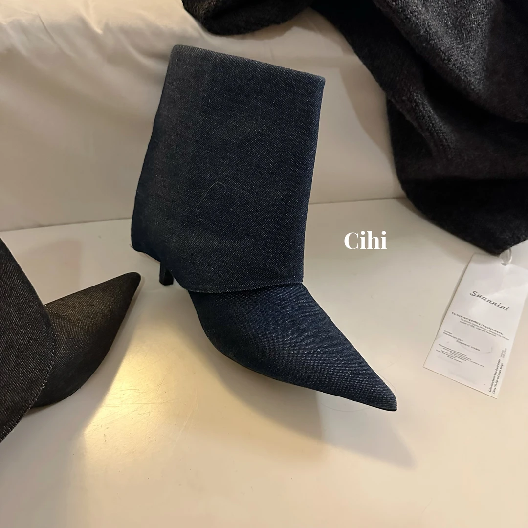 Cihi設計/1-152-人间辣妹-牛仔裤管靴秋季套筒细跟高跟尖头中筒靴