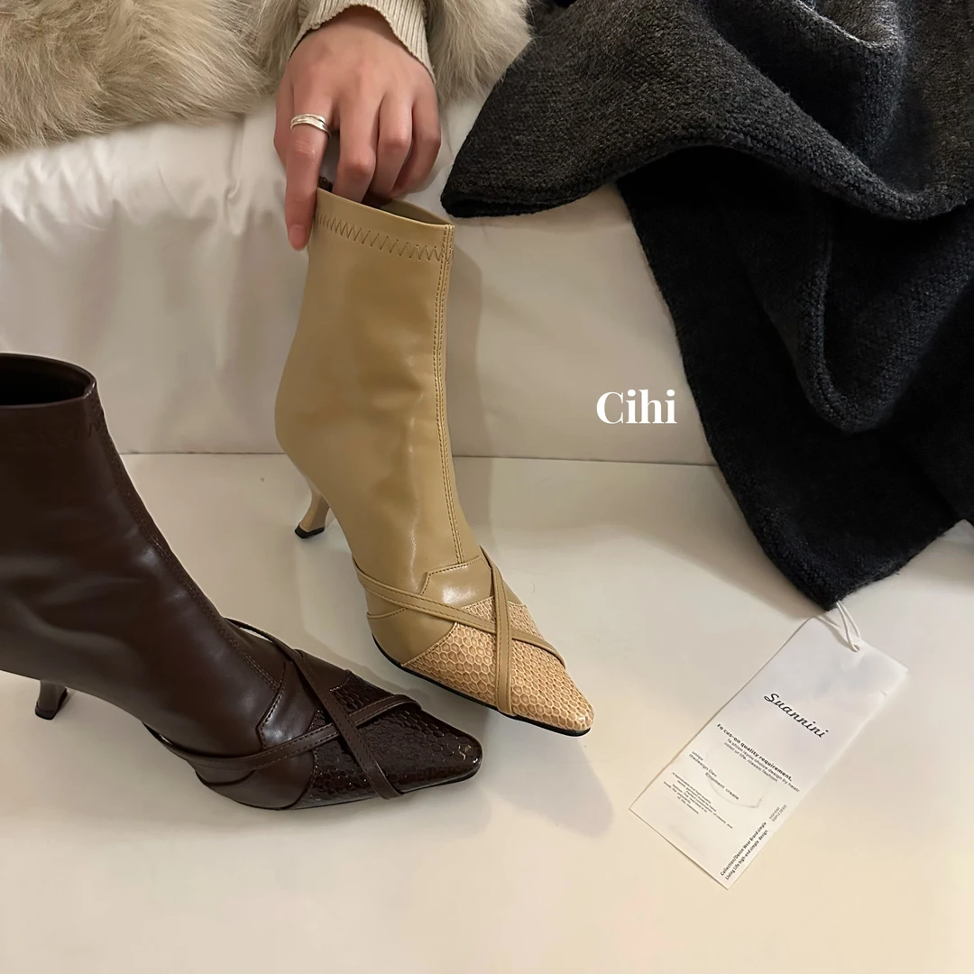 Cihi設計/1-258-法式名媛-设计感时装靴短靴女后拉链百搭瘦瘦靴