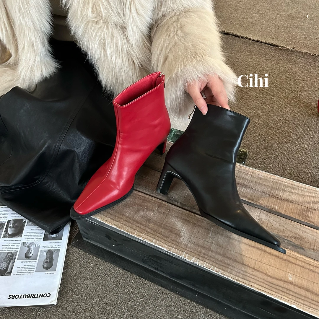 Cihi設計/1-165-美式复古-原单欧美大方头裸靴扁跟粗跟高跟短靴