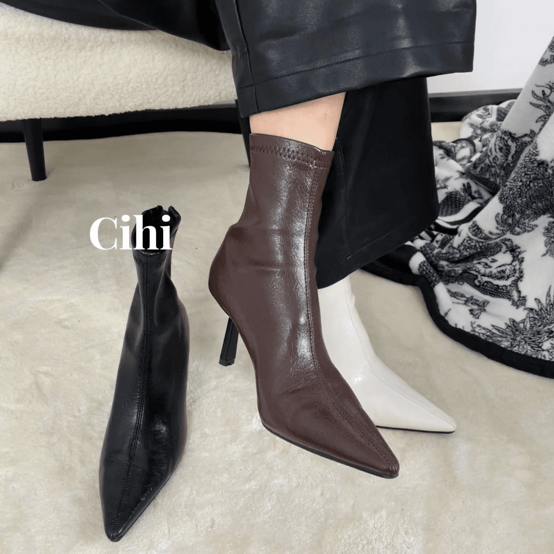 Cihi1-155尖头细跟瘦瘦靴欧美高跟短靴女2023冬季短筒靴子气质