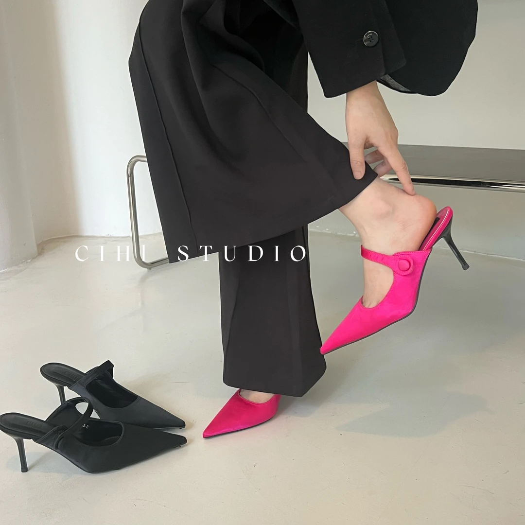Cihi設計/384-細雨霏霏-绸缎面尖头高跟穆勒凉拖女外穿细跟名媛！！
