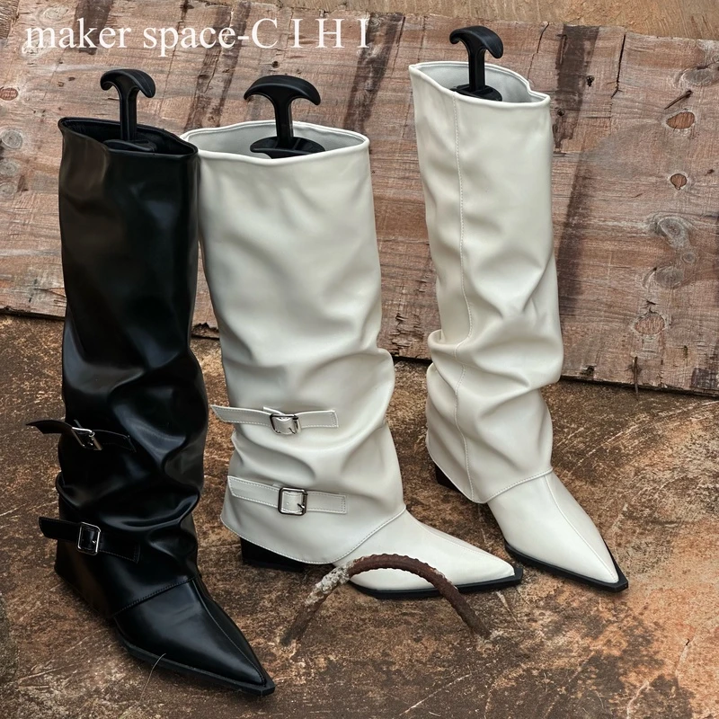 Cihi設計'makerspace'-610【降延】皮带扣尖头高筒骑士酷筒靴