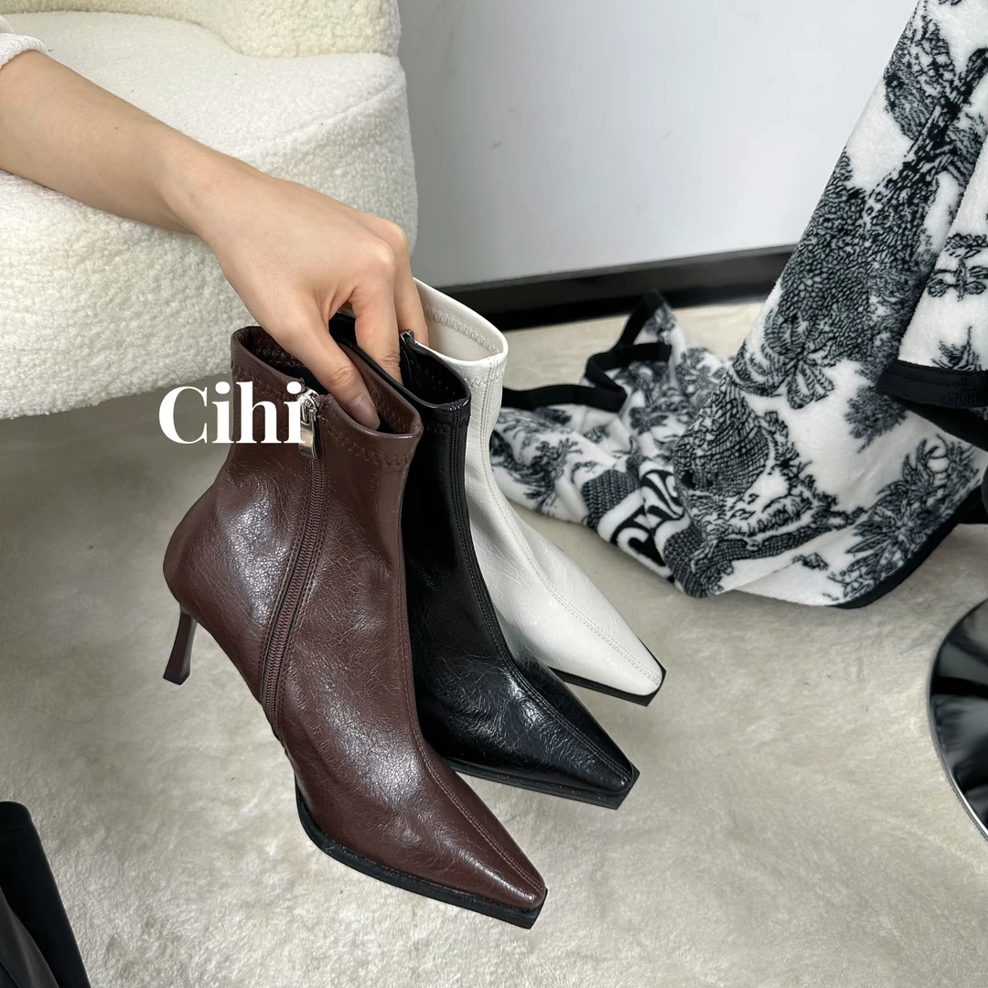 Cihi設計/1-256-焦糖可可-高级棕色系复古尖头高跟瘦瘦短靴女细跟