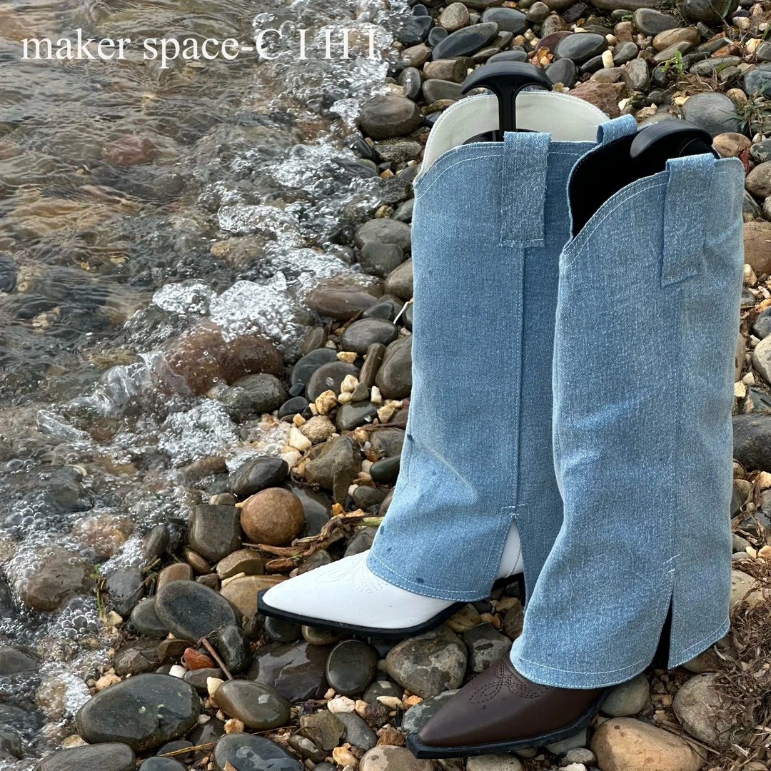 Cihi設計'makerspace'-1-206【挽江】 小众牛仔拼接粗跟高筒靴秋