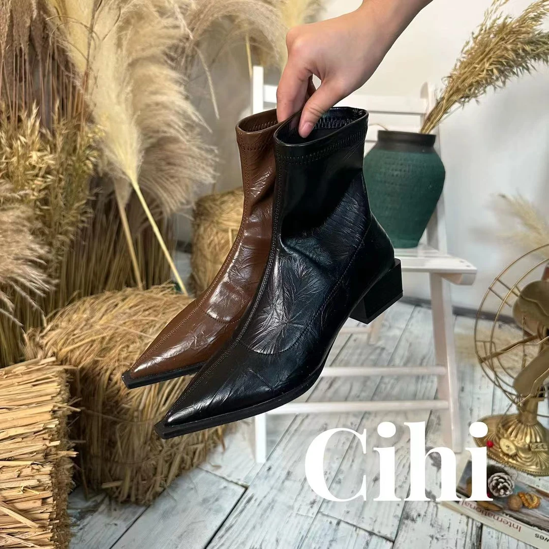Cihi設計/1-234 聚焦C位~银色切尔西尖头低跟粗跟马丁靴瘦瘦靴