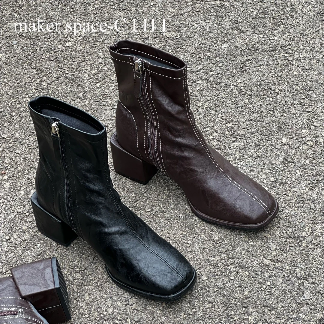 Cihi設計'makerspace'-612【苍梧】摩登至简做旧褶皱方头侧拉小裸靴