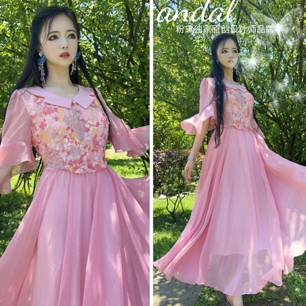 粉黛原创  蔷薇梦境 重工显瘦显高仙女刺绣高端连衣裙