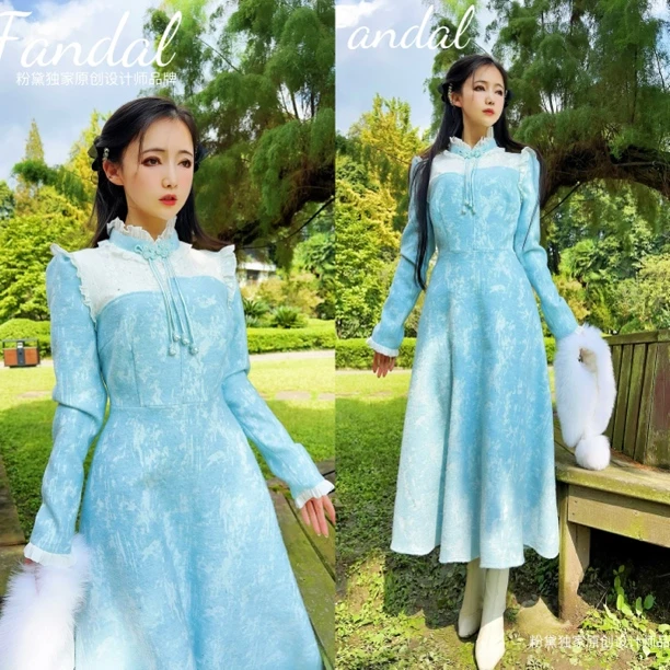 粉黛原创 蓝梦 拼接立领绣花长袖连衣裙显瘦收腰温柔风连衣裙