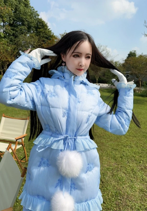 粉黛原创 冰岛极夜 重工刺绣高端白鸭绒修身保暖显瘦羽绒服