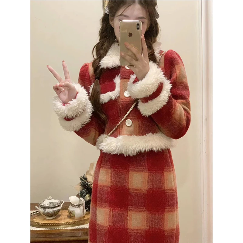 【REESE】圣诞恋歌 冬款保暖格子毛呢加厚长袖外套半裙R5563-3Y