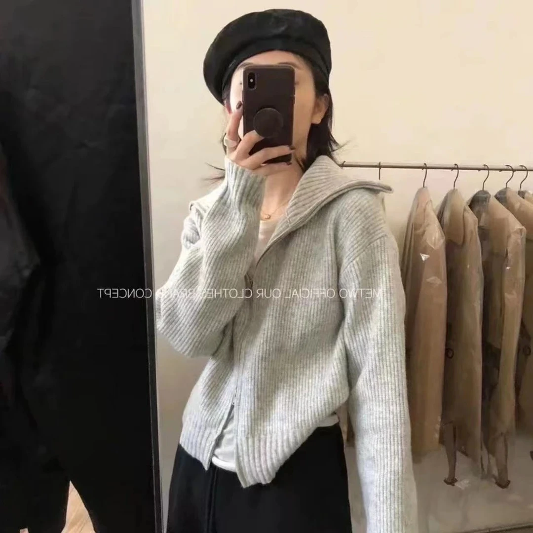 （糯唧唧）韩国东大门麦麦绒拉链翻领外套女慵懒高领针织开衫毛衣