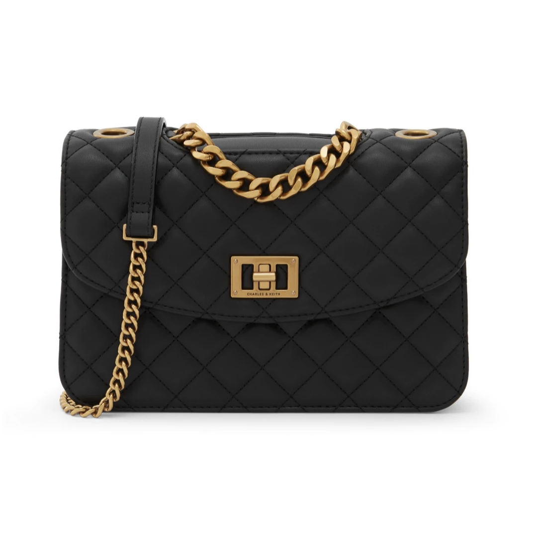 全新未使用 CHARLES & KEITH 黑色菱格纹链条包/30297/姐妹花