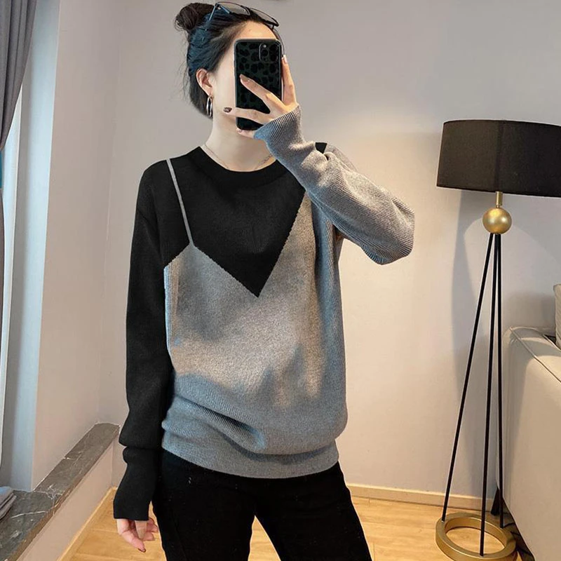 JY推荐黑色假两件针织衫女秋季2023新款欧货设计感圆领气质套头百