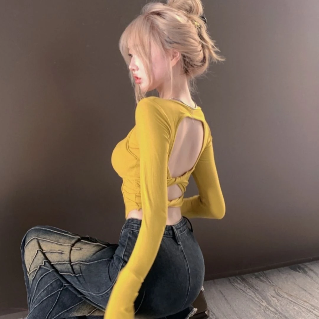 JY推荐2023新款辣妹修身短款黄色长袖内搭上衣方领露背不规则恤女