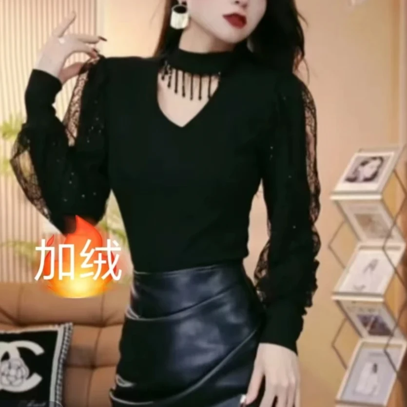 【加绒】2024秋冬季新款流苏重工女洋气亮片设计感v领内搭打底衫