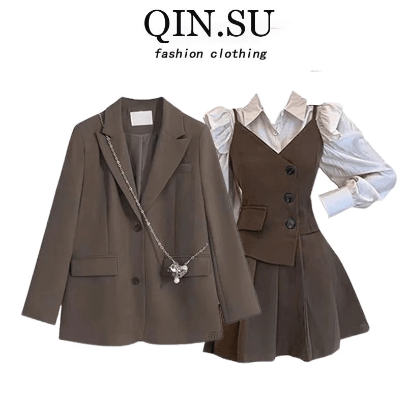 美拉德穿搭一整套装女2025新款西装外套显瘦衬衫上衣连衣裙三件套