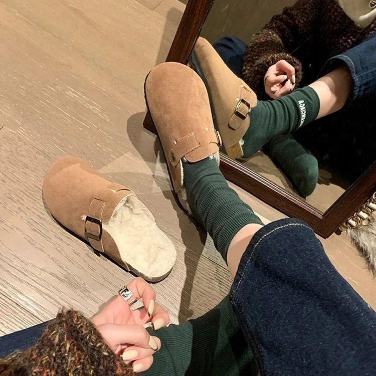 2024加绒勃肯鞋女款厚底包头半拖鞋秋冬保暖外穿