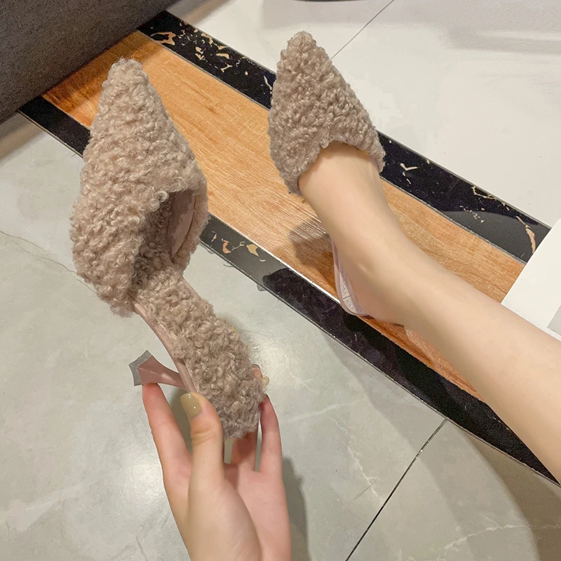 高跟鞋女外穿秋冬季保暖棉拖细跟尖头包头毛毛半拖鞋小码3334加绒