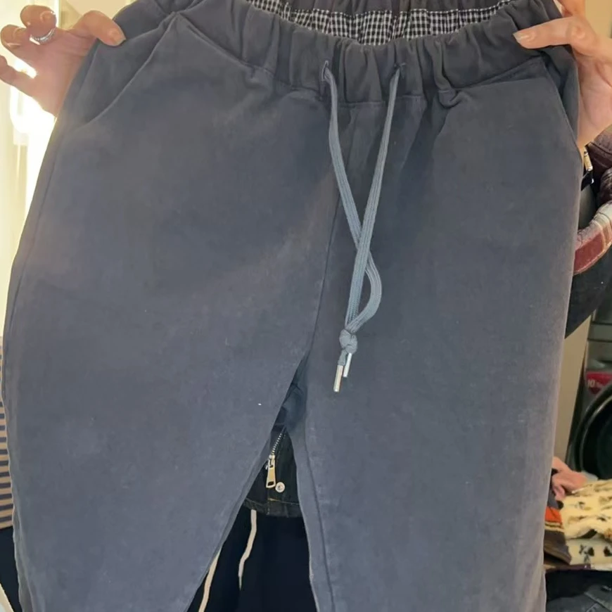 【NO退NO换】韩国东大门冬款炭灰色内格子抽绳休闲裤