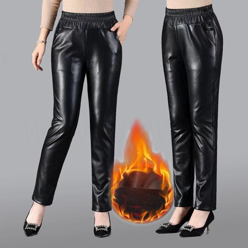 2025秋冬款加绒加厚皮裤女爆款妈妈皮裤宽松高腰防水防风骑行皮裤