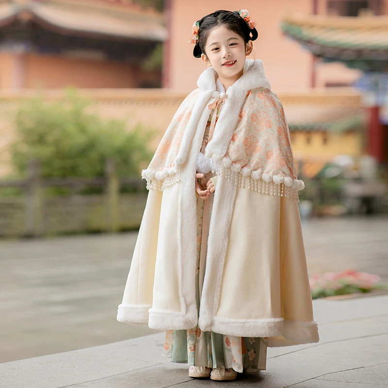 香槟色儿童汉服披风斗篷长款大毛领披肩加绒保暖女童中国风披风冬