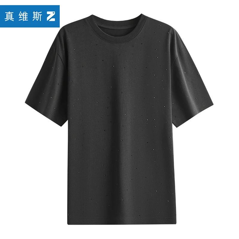 真维斯Z+男士休闲夏季宽松时尚压钻短袖纯色T恤XY简约大码
