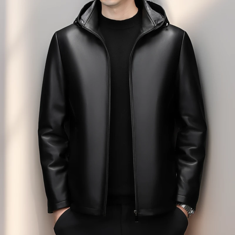 海宁真皮皮衣加绒保暖男款头层绵羊皮可脱卸连帽夹克外套