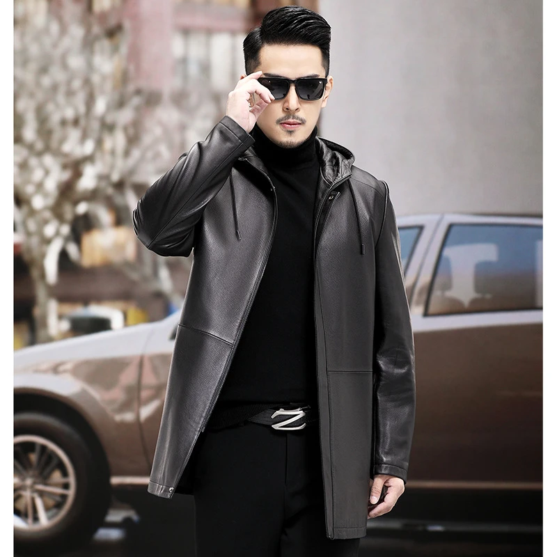 春秋海宁真皮皮衣男士商务休闲绵羊皮连帽男装外套中长款修身风衣