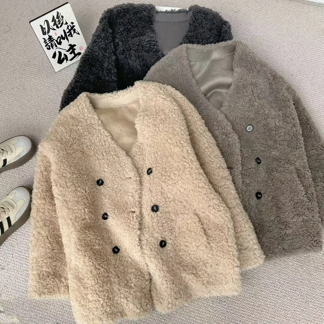 ［家淇定制］韩版百搭修身时尚温柔风软糯V领中长款羊羔毛外套51210