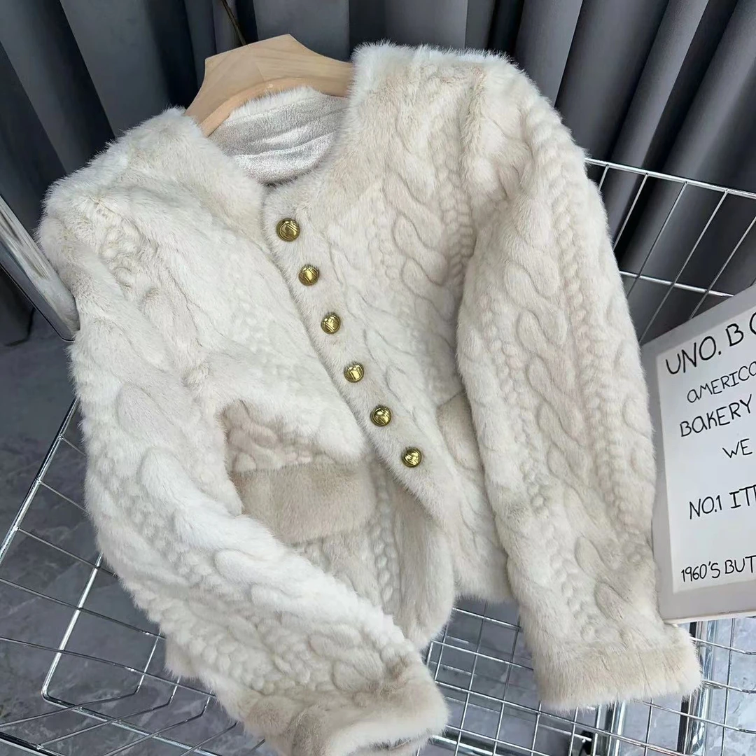 ［家淇定制］新款百搭修身显瘦时尚小香风皮毛一体开衫外套  310118