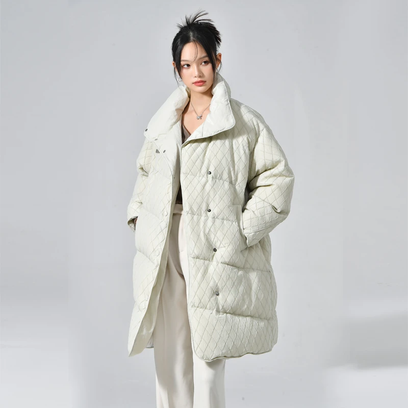 90白鸭绒菱形格时尚中长款羽绒服潮流保暖羽绒服ZHT0257U