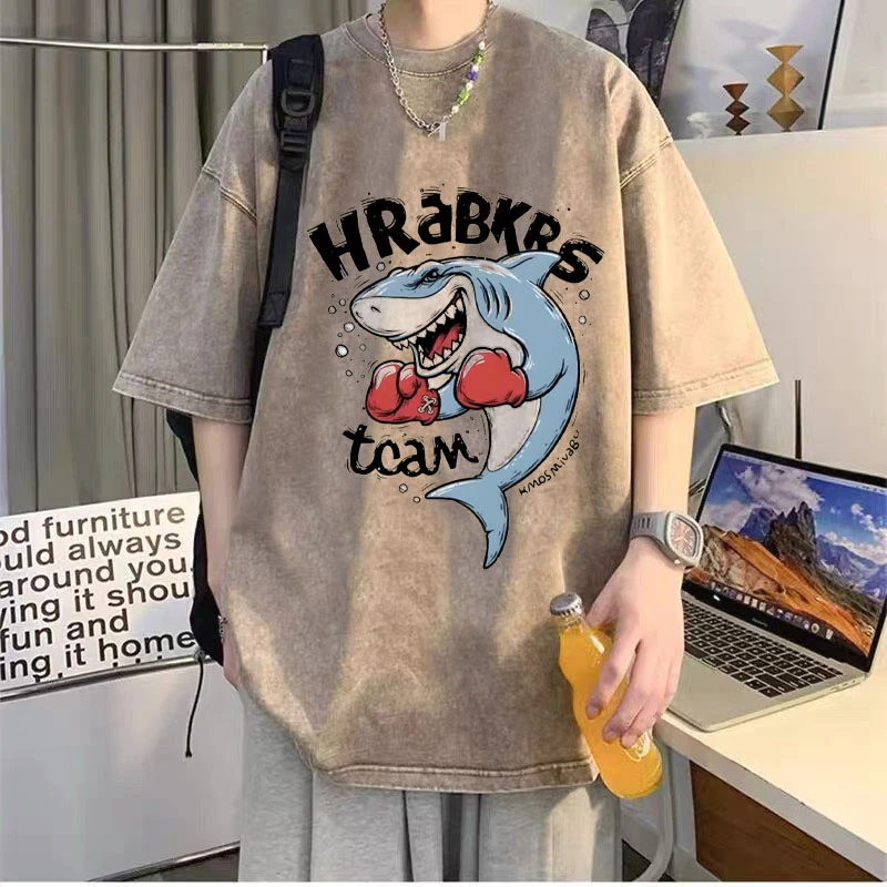 卡通印花水洗做旧短袖T恤男夏季新款美式复古休闲宽松潮流ins上衣