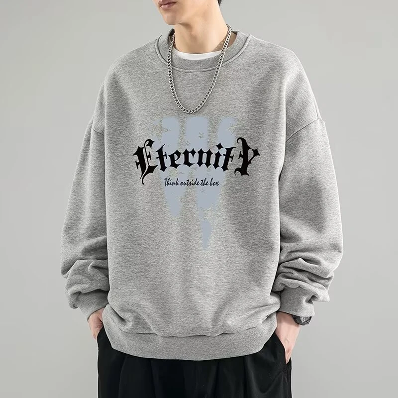 美式潮牌圆领长袖t恤男款春秋2024新款黑色痞帅卫衣男生内搭上衣