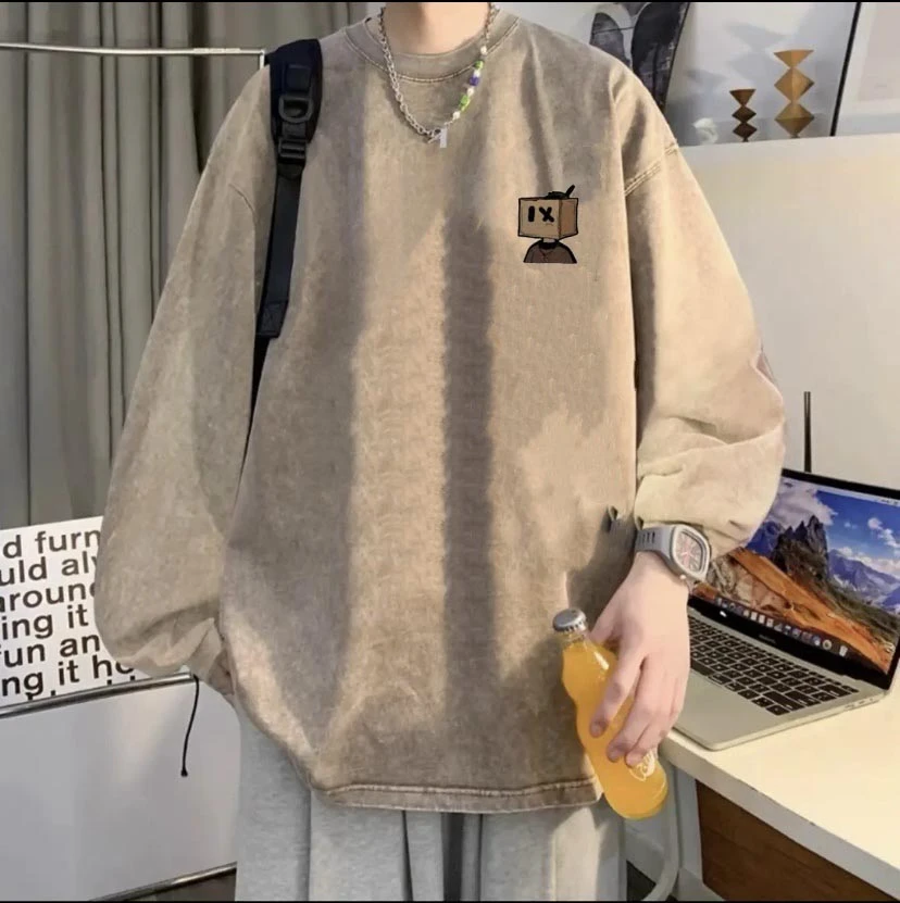 秋季港风复古长袖T恤男生美式休闲简约百搭水洗做旧纯棉印花上衣