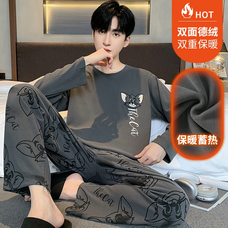 德绒睡衣男秋冬季套装韩版卡通初中生高中生青少年长袖休闲家居服