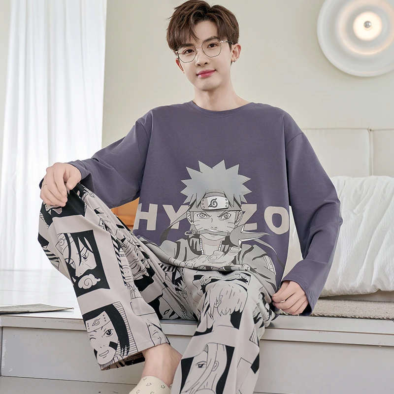 睡衣男士春秋款长袖纯棉青少年男生加大码圆领卡通休闲家居服套装