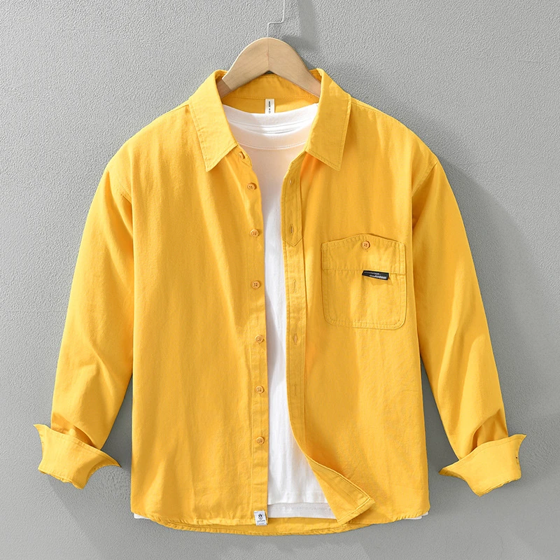 纯色纯棉简约长袖衬衫男士时尚休闲百搭文艺宽松上衣